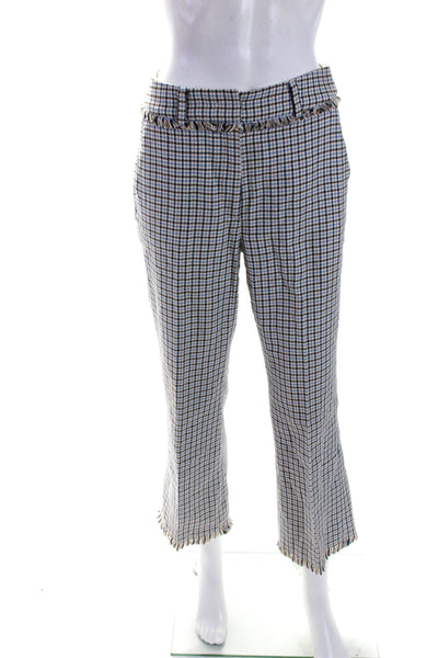 Weekend Max Mara Womens Mid Rise Fringe Plaid Pants White Blue Brown Size 2