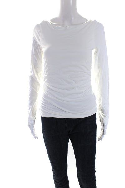 ATM Womens Ruched Long Sleeve Crew Neck Top Tee Shirt White Size Medium