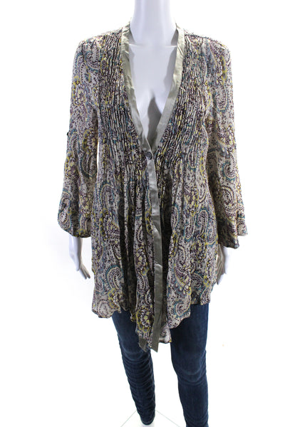 Elizabeth and James Womens Single Button Pleated Paisley V Neck Top Gray Large