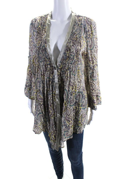 Elizabeth and James Womens Single Button Pleated Paisley V Neck Top Gray Large