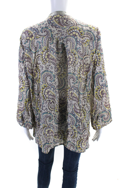 Elizabeth and James Womens Single Button Pleated Paisley V Neck Top Gray Large