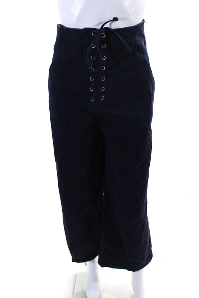 ALC Womens Side Zip High Rise Wide Leg Trouser Pants Navy Blue Cotton Size 14