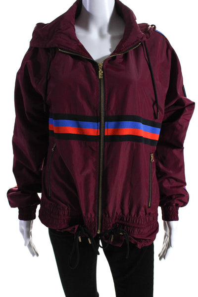 PE Nation Womens Knit Stripe Hooded Full Zip Windbreaker Jacket Burgundy Size XS