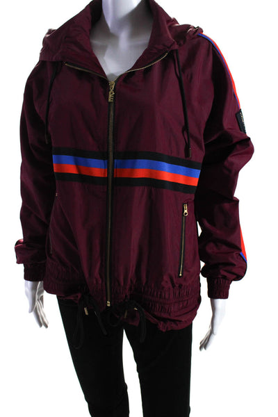 PE Nation Womens Knit Stripe Hooded Full Zip Windbreaker Jacket Burgundy Size XS