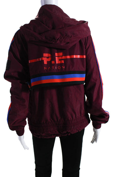 PE Nation Womens Knit Stripe Hooded Full Zip Windbreaker Jacket Burgundy Size XS