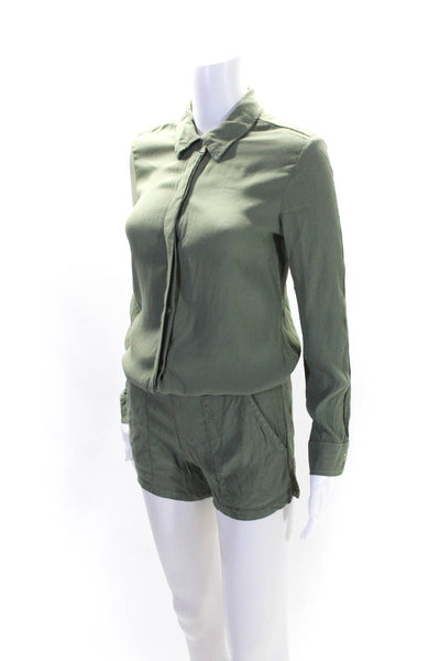 Monrow Womens Collared Stretch Waist Long Sleeve Button Up Romper Green Size XS