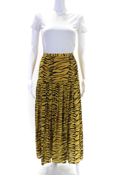 Rixo Womens Animal Print Drop Waist Midi A Line Skirt Yellow Black Size Large