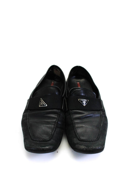 Prada Mens Black Leather Embellished Strap Slip On Flat Loafer Shoes Size 9