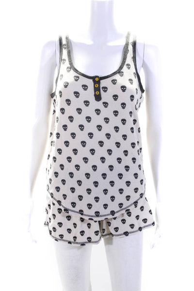 PJ Salvage Womens Skull Print Sleeveless Pajama Set White Grey Cotton Size Mediu