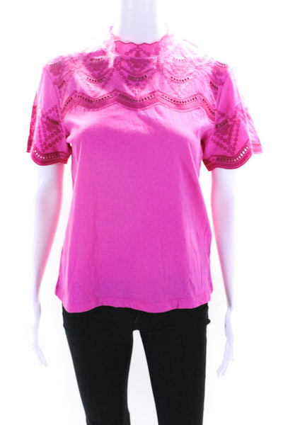 Maje Womens Cotton Embroidered Bodice Short Sleeve High Neck Top Hot Pink Size 1