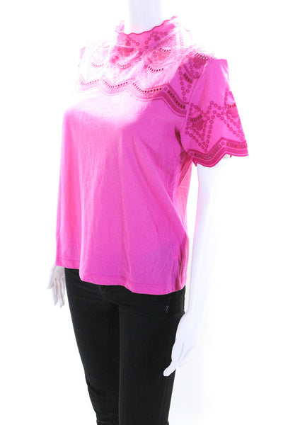 Maje Womens Cotton Embroidered Bodice Short Sleeve High Neck Top Hot Pink Size 1