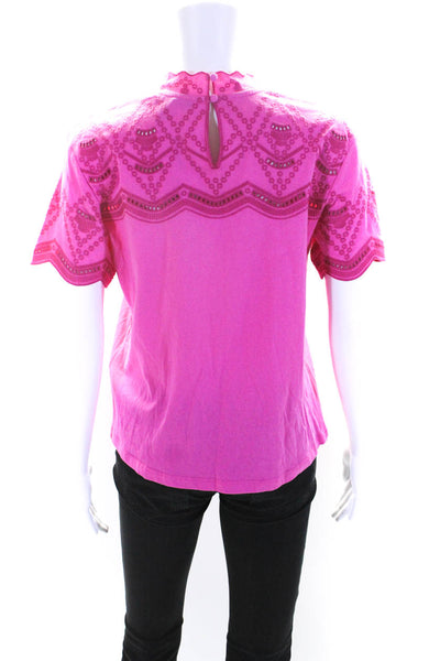 Maje Womens Cotton Embroidered Bodice Short Sleeve High Neck Top Hot Pink Size 1