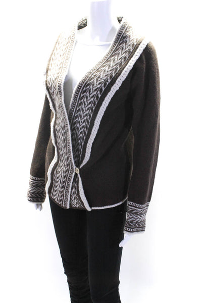 Weekend Max Mara Womens Brown Wool Printed V-Neck Cardigan Sweater Top Size L