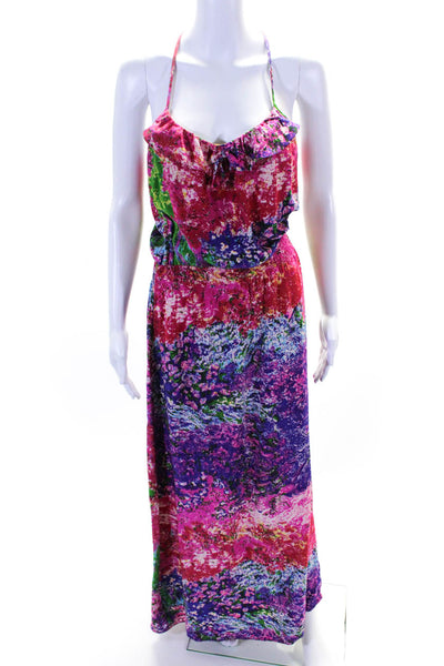 Parker Womens Floral Ruched Ruffle Trim Sleeveless Maxi Dress Multicolor Size S