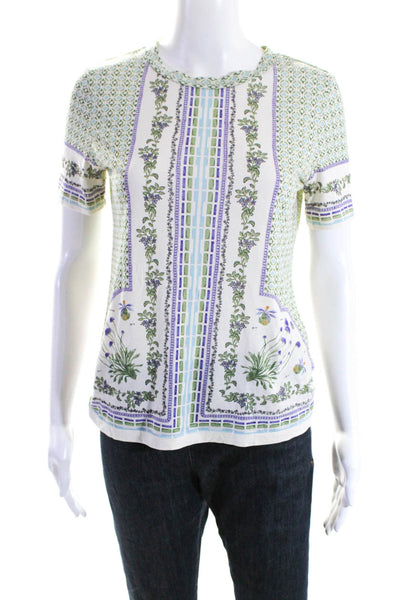 Tory Burch Womens Cotton Floral Short Sleeve Pullover T-Shirt Top Beige Size XS