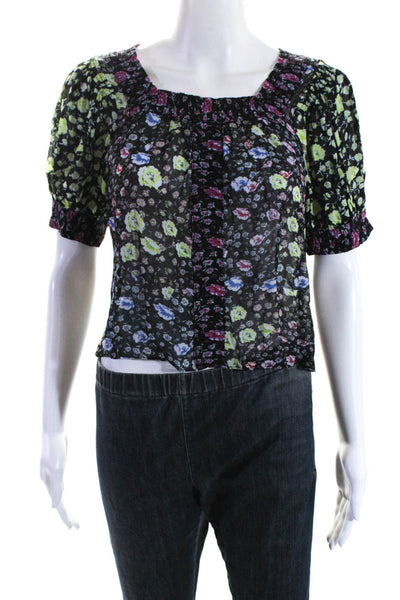 Rixo Womens Floral Print Bishop Short Sleeve Square Neck Blouse Black Size XS