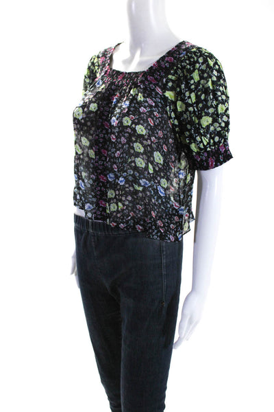 Rixo Womens Floral Print Bishop Short Sleeve Square Neck Blouse Black Size XS