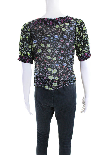 Rixo Womens Floral Print Bishop Short Sleeve Square Neck Blouse Black Size XS