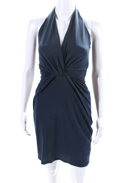 Halston Heritage Womens Halter Neck Sleeveless Ruched Dress Navy Blue Size Small