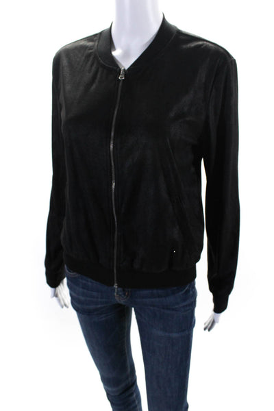 Ella Moss Womens Textured Long Sleeve Full Zip Short Bomber Jacket Black Size S