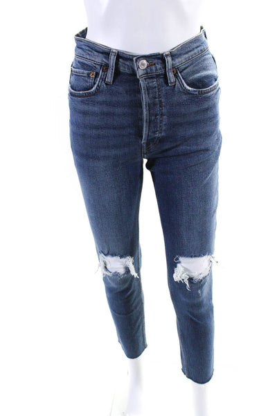 Re/Done Womens Cotton Denim Distressed Knee High Rise Tapered Jeans Blue Size 26