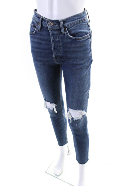 Re/Done Womens Cotton Denim Distressed Knee High Rise Tapered Jeans Blue Size 26