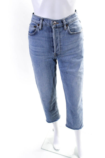 Re/Done Womens Cotton Denim Mid Rise Frayed Hem Straight Leg Jeans Blue Size 27