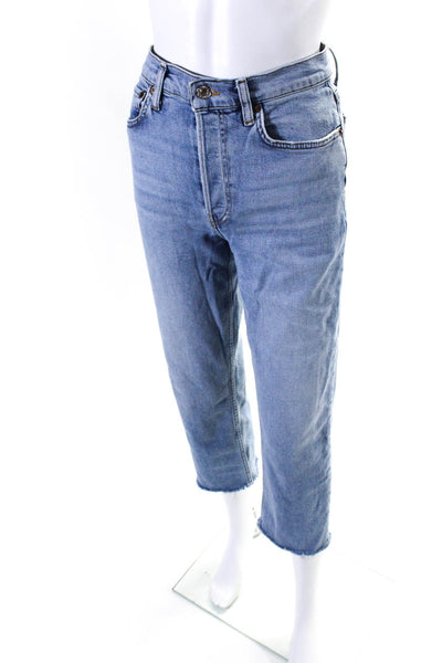 Re/Done Womens Cotton Denim Mid Rise Frayed Hem Straight Leg Jeans Blue Size 27