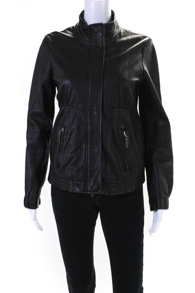 Vince Women's Long Sleeves Round Neck Full Zip Leather Jacket Black Size S