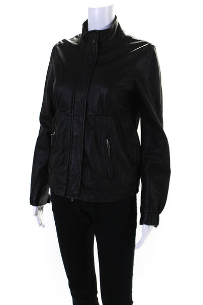 Vince Women's Long Sleeves Round Neck Full Zip Leather Jacket Black Size S