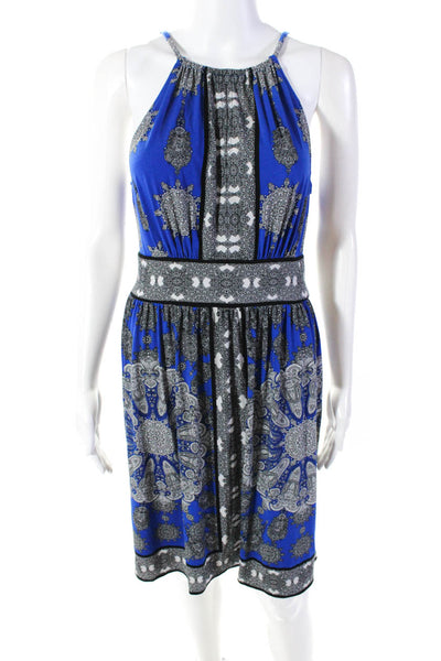 London Times Women's Halter Neck Sleeveless Blue Paisley Mini Dress Size 6