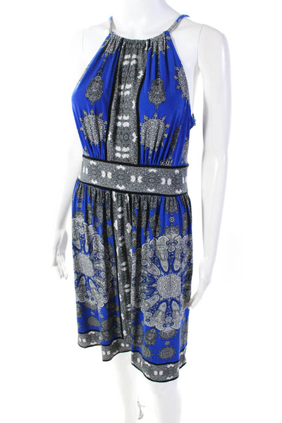 London Times Women's Halter Neck Sleeveless Blue Paisley Mini Dress Size 6