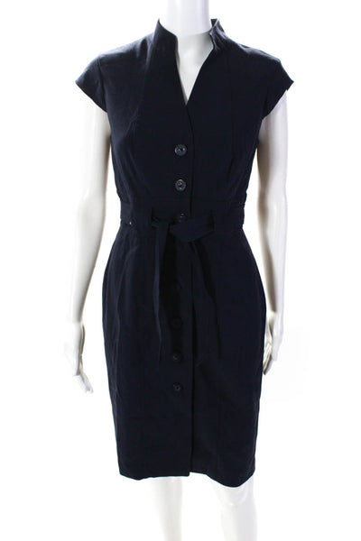 Calvin Klein Women's Round Neck Belted Button Down Mini Dress Navy Blue Size 4