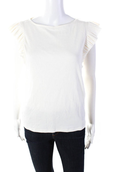 J Crew Womens Ruffled Cap Sleeve Scoop Neck Ribbed Knit Top White Size Large