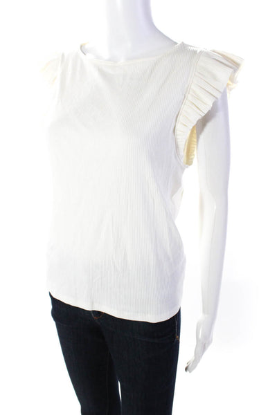 J Crew Womens Ruffled Cap Sleeve Scoop Neck Ribbed Knit Top White Size Large