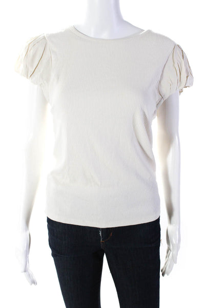 J Crew Womens Short Sleeve Ribbed Knit Scoop Neck Shirt Beige Cotton Size Large