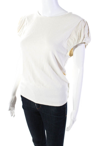 J Crew Womens Short Sleeve Ribbed Knit Scoop Neck Shirt Beige Cotton Size Large