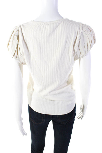 J Crew Womens Short Sleeve Ribbed Knit Scoop Neck Shirt Beige Cotton Size Large