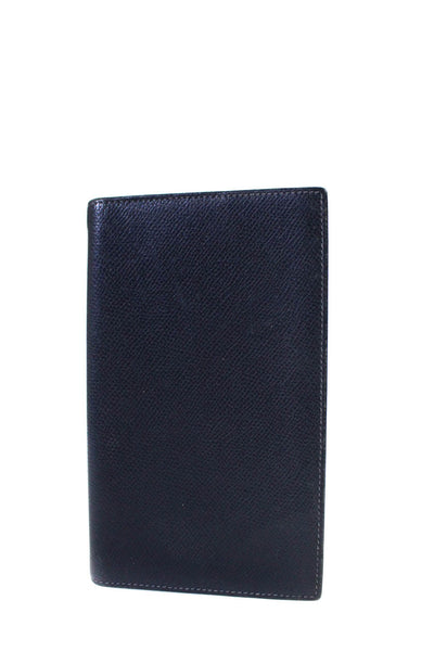 Hermes Womens Bi Fold Passport Check Holder Wallet Navy Blue Leathe r