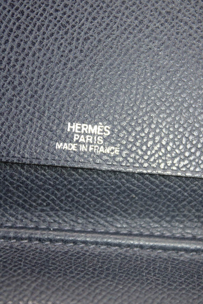 Hermes Womens Bi Fold Passport Check Holder Wallet Navy Blue Leathe r