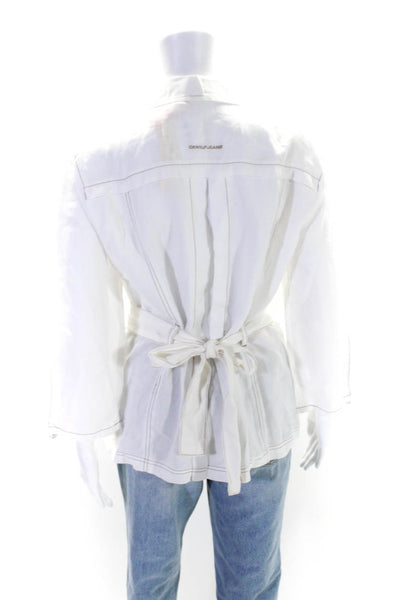 DKNY Jeans Womens Linen Striped Trimmed Buttoned Blazer Top White Size L