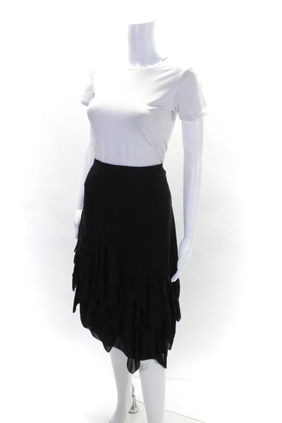 DKNY Womens Silk Asymmetrical Ruffled Zipped A-Line Midi Skirt Black Size 12