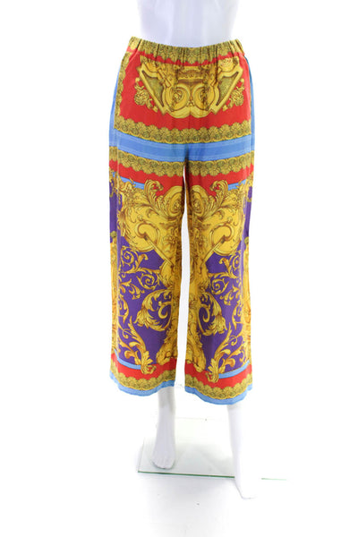 Versace Womens Gold Multicolor Printed High Rise Pull On Wide Leg Pants Size 38