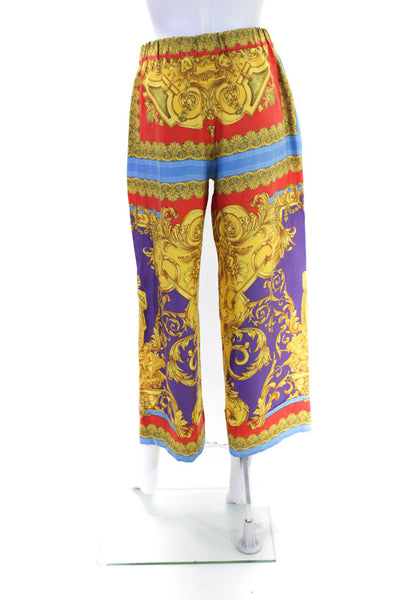 Versace Womens Gold Multicolor Printed High Rise Pull On Wide Leg Pants Size 38