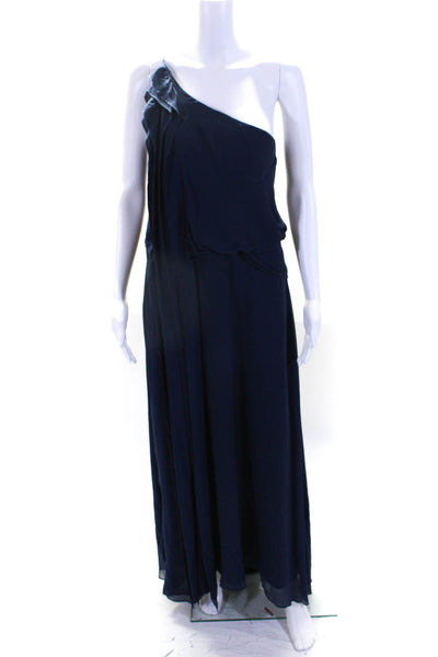 BCBGMAXAZRIA Womens Crepe Ruffled Trim Long One Shoulder Dress Navy Blue Size M