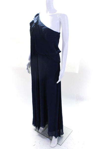 BCBGMAXAZRIA Womens Crepe Ruffled Trim Long One Shoulder Dress Navy Blue Size M