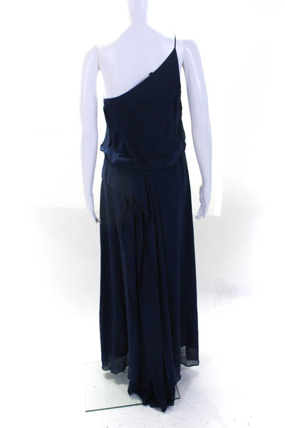 BCBGMAXAZRIA Womens Crepe Ruffled Trim Long One Shoulder Dress Navy Blue Size M