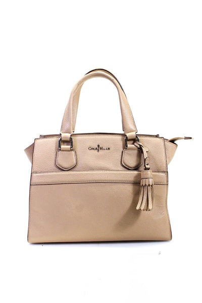 Cole Haan Grained Leather Double Handle Top Zip Frame Shoulder Handbag Beige