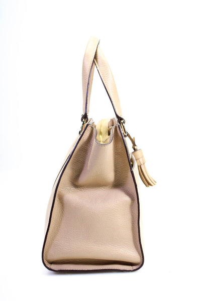 Cole Haan Grained Leather Double Handle Top Zip Frame Shoulder Handbag Beige