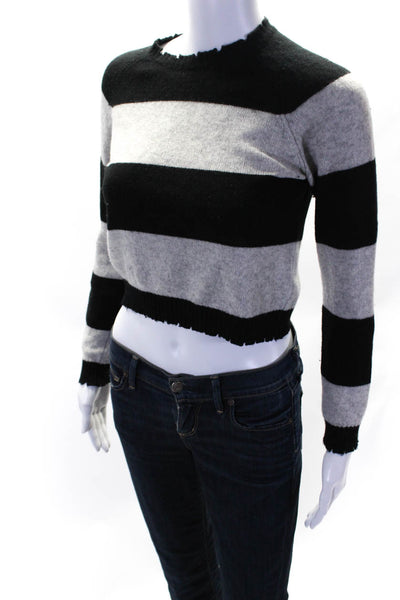 Minnie Rose Womens Crew Neck Striped Crop Sweater Black Gray Size Extra Small